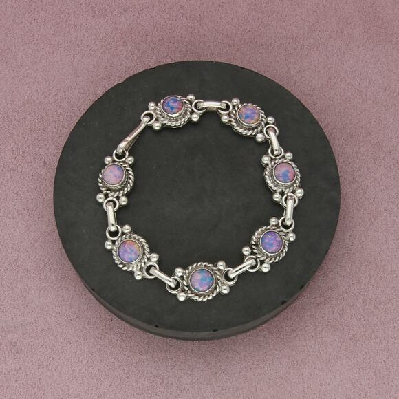 mexico sterling silver vintage braided foil art opal link bracelet size 8in